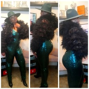 Curvy Plus Emerald Green Sequin Halter Criss Cross Spaghetti Strap Jumpsuit.